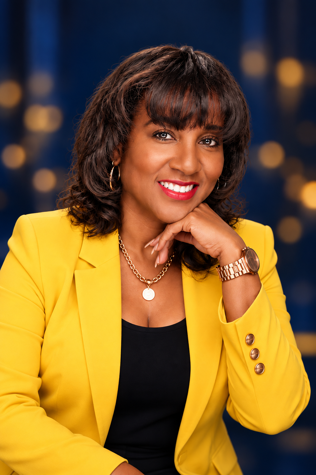 Host Sharifah Hardie wearing a yellow blazer