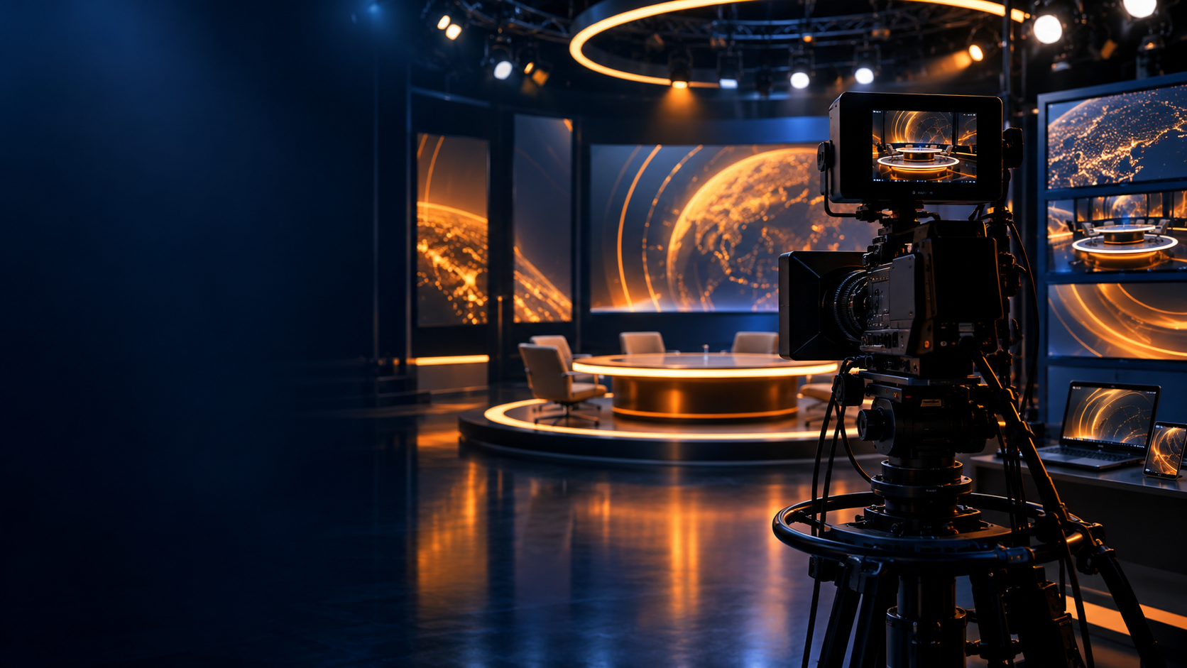 Professional television studio prepared for a live broadcast